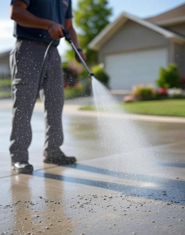 Professional pressure washing of a concrete driveway removing stains